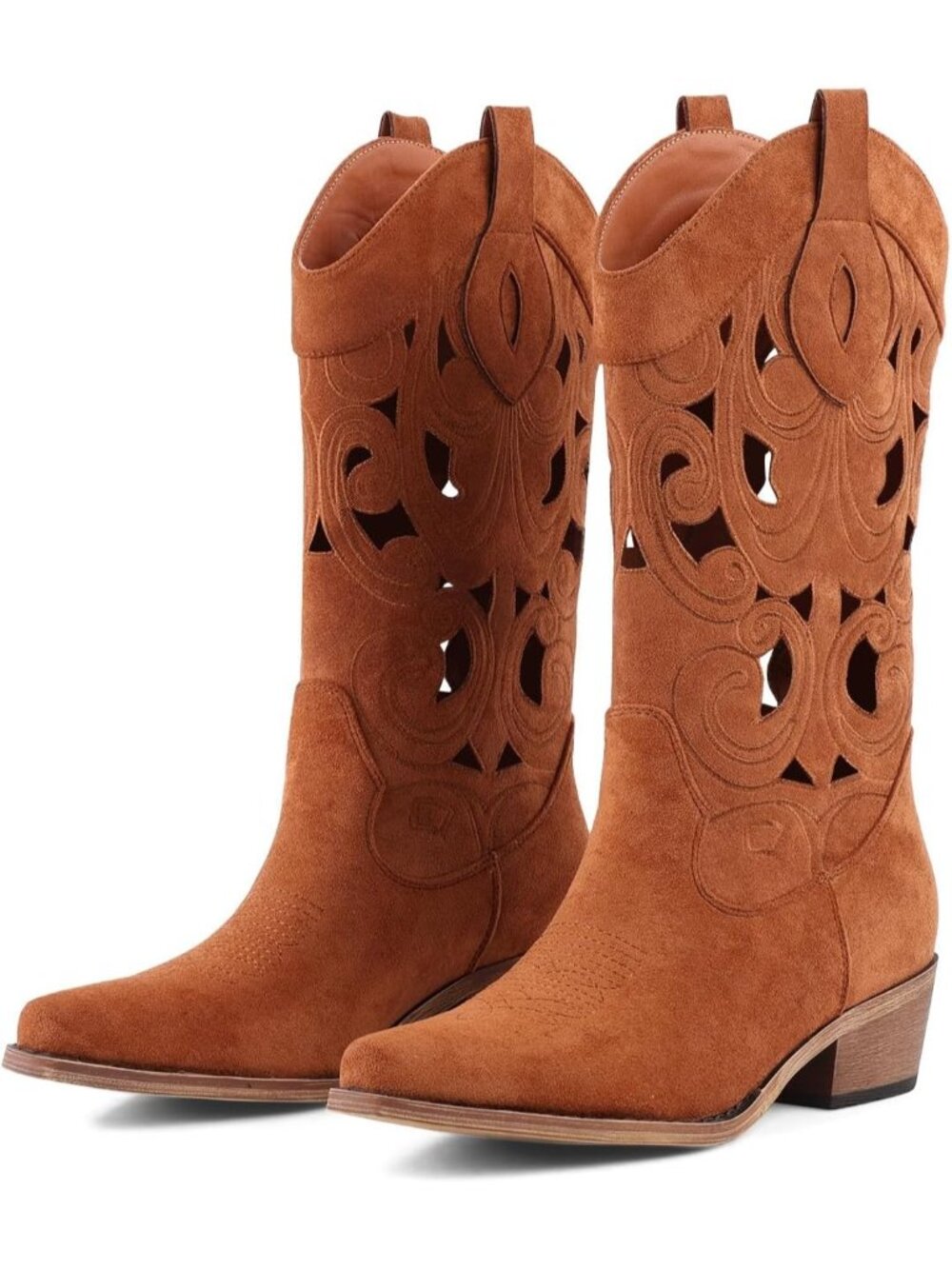 Women's Brown Western Cowgirl Boots with Bow Mid Calf Comfortable Chunky Heel - Picture 1 of 6